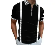 Men's Short Sleeve Zipper Polo Shirt Men's Lapel Zipper Short Sleeve Striped Printed Short Sleeve