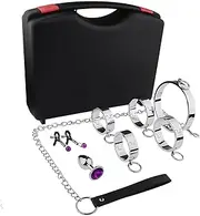 SAHOOSAFETY Bondage Set 6 Piece Bed Bundle Set With Stainless Steel Handcuffs Collar Nipple Clamps Anal Plug Ankle Cuffs Portable Sex Toys For Couples Set for Men and Women(Men)