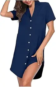 [Generic] Ladies Summer Short Sleeved Mini Maxi Dresses Womens Button Down Nightgowns Soft Comfy Dress V Neck Sleepshirts Side Split Sleepwear Nightdress Casual Elegant Plain Gowns Dressing