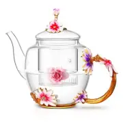 35OZ Enamel Glass Flower Teapot With Removable Loose Tea Leaf Infuser Tea Mak...