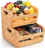 DEAYOU 2 Pack Bamboo Storage Bins, Use as 2 Tier Bamboo Serving Basket, Natural Food Organize Basket Box with Handle for Counter Top, Veg, Bread, Pantry