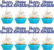 24 Pack Hanukkah Day Cupcake Toppers Glitter Menorah Happy Hanukkah Cupcake Picks for Sparkle Jewish Birthday Chanukah Hanukkah Holiday Cupcake Decorations Party Supplies Blue