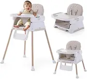 3 in 1 Baby High Chair, Portable High Chairs for Babies and Toddlers, Adjustable Convertible Infant Baby Feeding Chair Booster for Eating with Detachable Double Tray, 5 Point Harness, Footrest Cream