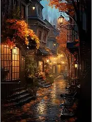 Giahism Street View Paint by Numbers Adult Night DIY Hand-Painted Oil Painting, Paint by Numbers Set, Bring Brushes and Acrylic Paints with as a Gift (30 x 40 cm)