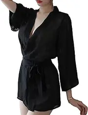 [Generic] Women Silk V-Neck Sleepwear Sexy Lace Bodysuit Lingerie Underwire Kimono Robe Lingerie Mesh Nightgown