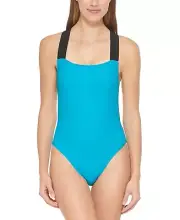 DKNY Women's Blue Logo Cross-Back One-Piece Swimsuit - XL - Blue