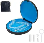 Retainer Case,Cute Slim Aligner Case Compatible with Invisalign,Retainer Holder with Aligner Remover Tool, Chew & Brush,Rope Bag (Black Outside Blue Silicone)