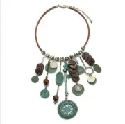 Unique Choker Charm Necklace ~ Leather Cord, Patina Coins, Wooden Disks & Beads