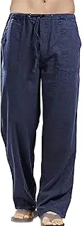 [Generic] Mens Linen Pants Casual Lightweight Elastic Waist Beach Pant Drawstring Straight-Legs Yoga Vacation Pants for Men