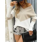 Women's Sweater Pullover Sweater Jumper Casual Soft Color Block Ribbed V Neck Knitted Long Sleeve Regular Tops Knit Outdoor Daily Weekend Black Pink Fall Winte