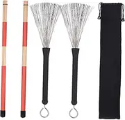 Drum Brushes, 1 Pair Drum Rods Sticks + 1 Pair Drum Brushes Drum Stick Set with Storage Bag for Jazz Folk Music