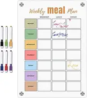 Magnetic Meal Planner for Refrigerator | Acrylic White Weekly Meal Prep Planner with 6 Colorful Pens | Erasable Grocery List Magnet Pad for Fridge, Breakfast Lunch Dinner Prep Pouxa
