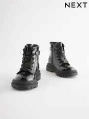 Black Patent Standard Fit (F) Chunky Lace-Up Ankle Boots (K75285) | $57 - $66