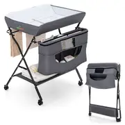 Babyjoy Foldable Baby Changing Table Mobile Nursery Stand w/Lockable Wheels Adjustable Change Station Grey