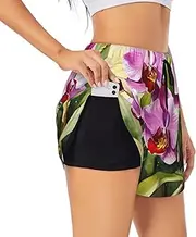 [WURTON] Orchid Print Exercise Gym Workout Shorts Women's Athletic Shorts Dual-Layered Yoga Running Shorts