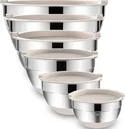 Umite Chef Mixing Bowls with Airtight Lids, 6 Piece Stainless Steel Metal Nesting Storage Bowls, Non-Slip Bottoms Size 7, 3.5, 2.5, 2.0,1.5, 1QT, Great for Mixing & Serving (Khaki)