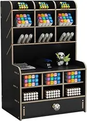 Wooden Desk Organizer with Drawer, Large Capacity DIY Pen Holder Storage Box Desktop Stationary Storage Rack, Pen Organizer Caddies for Office, Home and School Supplies (B16-Black)