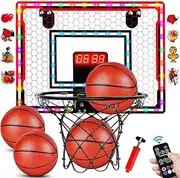 Indoor Basketball Hoop for Kids Over Door Mini Basketball Hoop with 4 Red Rubber Balls Basketball Ring with Scoreboard Timer and Remote Control Gifts for 4-12 Year Old Boys Girls