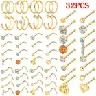 32PCS Gold Nose Bone/L-Shaped/Screw Studs Lip Eyebrow Earrings Piercing Set 20G
