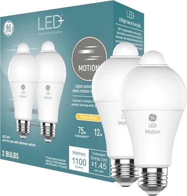 GE LED+ Motion Sensor A21 Bulbs, 12W Warm White Outdoor Lights, 2-Pack