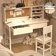 NKUGCFC Ergonomic Height Adjustable Childrens Study Desk with 2 Drawers, Kids Study Kids Art Table with Storage,with 3-Color Lights, White Kids Desk and Chair Set for 5-18 Year Old-DD40