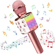 Wireless Bluetooth Karaoke Microphone with LED Light Control, 4 in 1 Portable Karaoke Machine Speaker for Android/iPhone/PC, (Rose Gold)