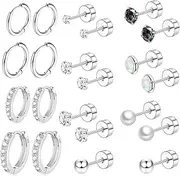 [Cocadant] Surgical Steel Flat Back Earrings Set for Multiple Piercing Sensitive Ears,Sterling Silver Hypoallergenic Small Cartilage Huggie Hoop Earrings Titanium Tiny CZ Pearl Opal Stud Earrings for Women Girls