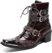 [Generic] Handmade Men's Fashion Party Ankle Boot Casual Retro Metal Plain Toe Wing Tips 2-Inch Block Heel Double Monk Straps Pull Tap High-top Mens Burgundy Dress Shoes