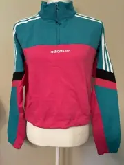 Adidas Cropped Sweatshirt Womens Large Pullover 1/4 Zip Retro Multicolor New
