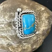Mens Sterling Silver Blue Kingman Turquoise Ring Size 10 17647