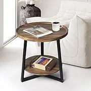 LEVEDE 2 Tier Round Side Table, Small Storage End Table, Classic Bedside Table, Coffee Tables with Triangular Leg, Corner Plant Stand for Living Room, Office, Balcony, Cafe (60 x 50cm, Brown)