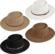 [Xaztr] 4Pcs Womens Felt Hat Wide Brim, Wool Fedora Hats Panama Boho Jazz Hat with Belt Buckle for Church Party Wedding Park, Khaki, Black, Brown, Beige, L-XL