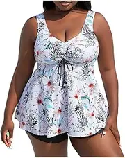 [LMSXCT] Women's Plus Size Tankini Swimsuit Tropical Floral Print Ruched Two Piece Bathing Suit Swim Dress with Shorts Swimwear