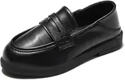 [Crazyours] Girl's Platform Slip On Loafers Chunky Heel Leather Flats Round Toe School Uniform Dress Shoes
