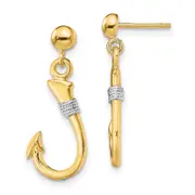14K Yellow & Rhodium W/Rhodium 3-D Fish Hook W/ Rope Dangle Earrings