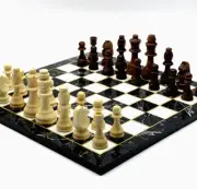 Black Marble Pattern Chessboard and Wooden Chess Set With Wooden Chess Pieces