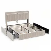 Advwin Bed Frame Double Size with 4 Storage Drawers & Charging Station Biege