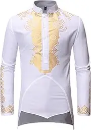 [Maiyifu-GJ] Men African Luxury Shirt Long Sleeve Metallic Gold Printed Henley Shirts Mandarin Collar Traditional Suit
