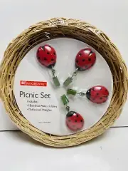 Everyday Living Picnic Set Bamboo Plate Holder W/Ladybug Tablecloth Weights