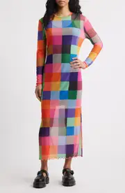 Dressed in Lala Mad About You Long Sleeve Mesh Midi Dress in Multicolor Check at Nordstrom, Size Small