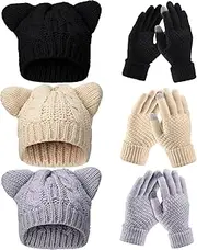 [Toulite] 3 Sets Winter Beanie Hat Touchscreen Gloves Set Cute Warm Skull Cap Gloves Set Cute Cat Beanie Knitted Cat Hat Touch Screen Gloves Knit Gloves for Women Girls Multicolor, Multicolor, One size