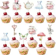 Gyufise 36Pcs Wonderland Theme Cupcake Toppers Key Rabbit Butterfly Alice Girl Cupcake Picks Mad Hatter Flower Tea Party Decorations for Baby Shower Birthday Party Cake Decorations