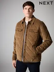Tan Brown Borg Lined Diamond Quilt Corduroy Shacket (B96402) | $118