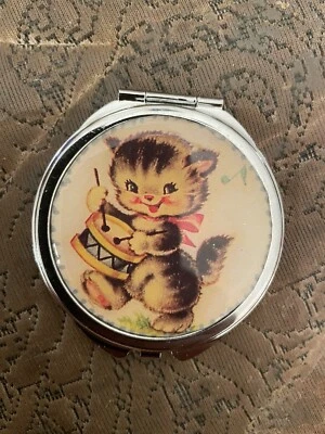 Retro Vintage Drummer Kitty Small Round Silver Mirror Compact