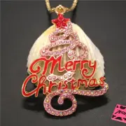 Betsey Johnson pink enamel Christmas Tree Crystal Pendant Women Necklace