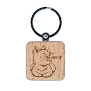 Sleepy Kitty Yawning Meow Engraved Wood Square Keychain Tag Charm