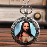 Pocket Watch Jesus Portrait Vintage Classic Silver Finished Quartz & Cuban Chain