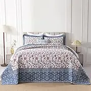 QuiltEase Oversized King Bedspread - 120" Lx128 W Extra Wide - 100% Cotton Lightweight Floral Super Bed Coverlet Set - Reversible California King Quilt - Blue/Red/Green/White