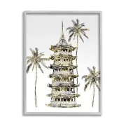 Sun Pagoda Building Tropical Palms Glam Architecture Grey Framed Wall Art, 11...