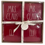 New Rae Dunn Set of 4 Elf Mrs & Mr Claus Red Christmas Ceramic Drink Coasters